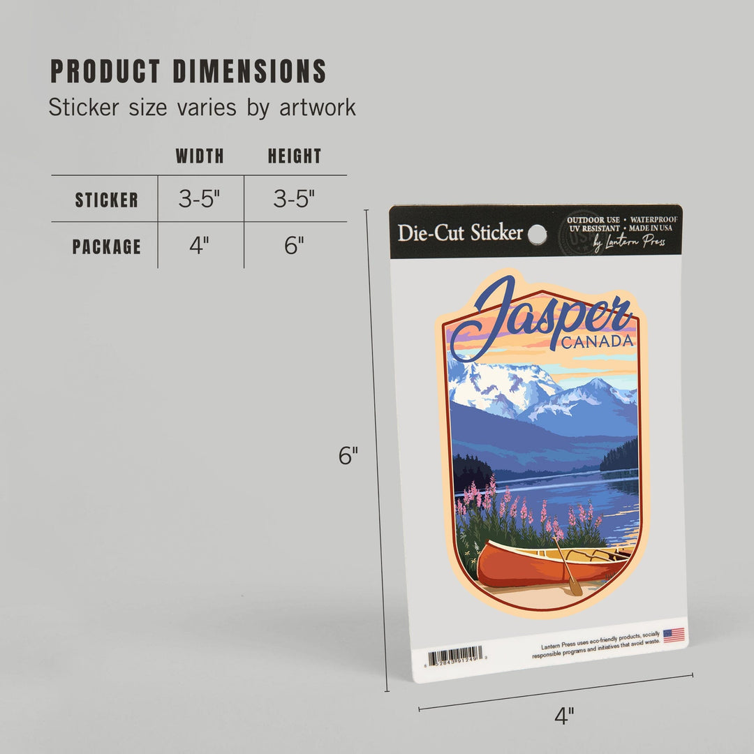 Jasper, Canada, Lake Scene & Canoe, Contour, Lantern Press Artwork, Vinyl Sticker - Lantern Press