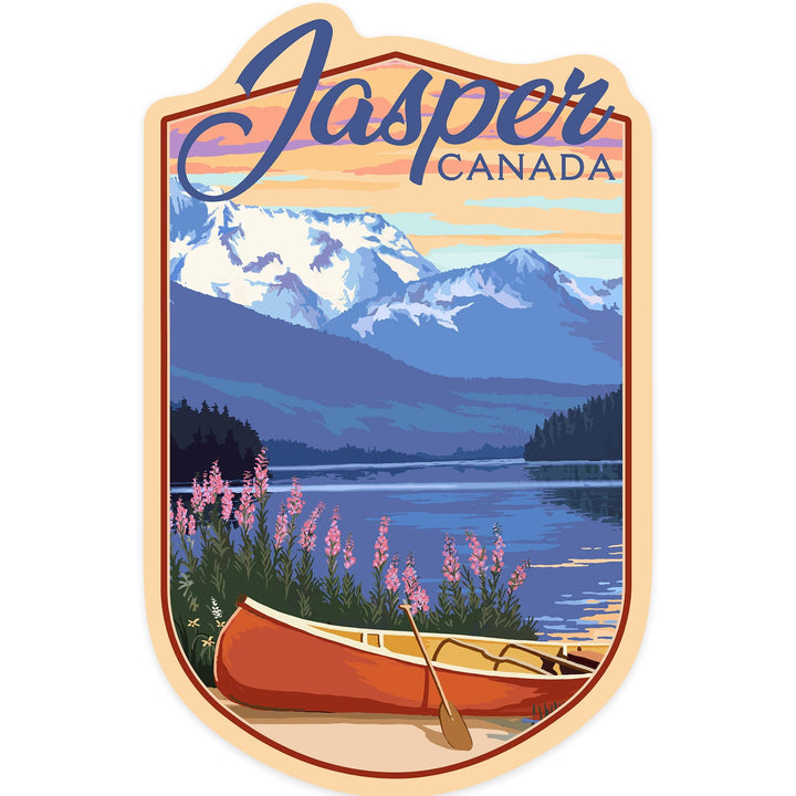 Jasper, Canada, Lake Scene & Canoe, Contour, Lantern Press Artwork, Vinyl Sticker - Lantern Press