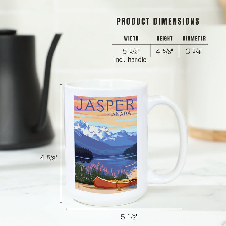 Jasper, Canada, Lake Scene & Canoe, Lantern Press Artwork, Ceramic Mug Mugs Lantern Press 