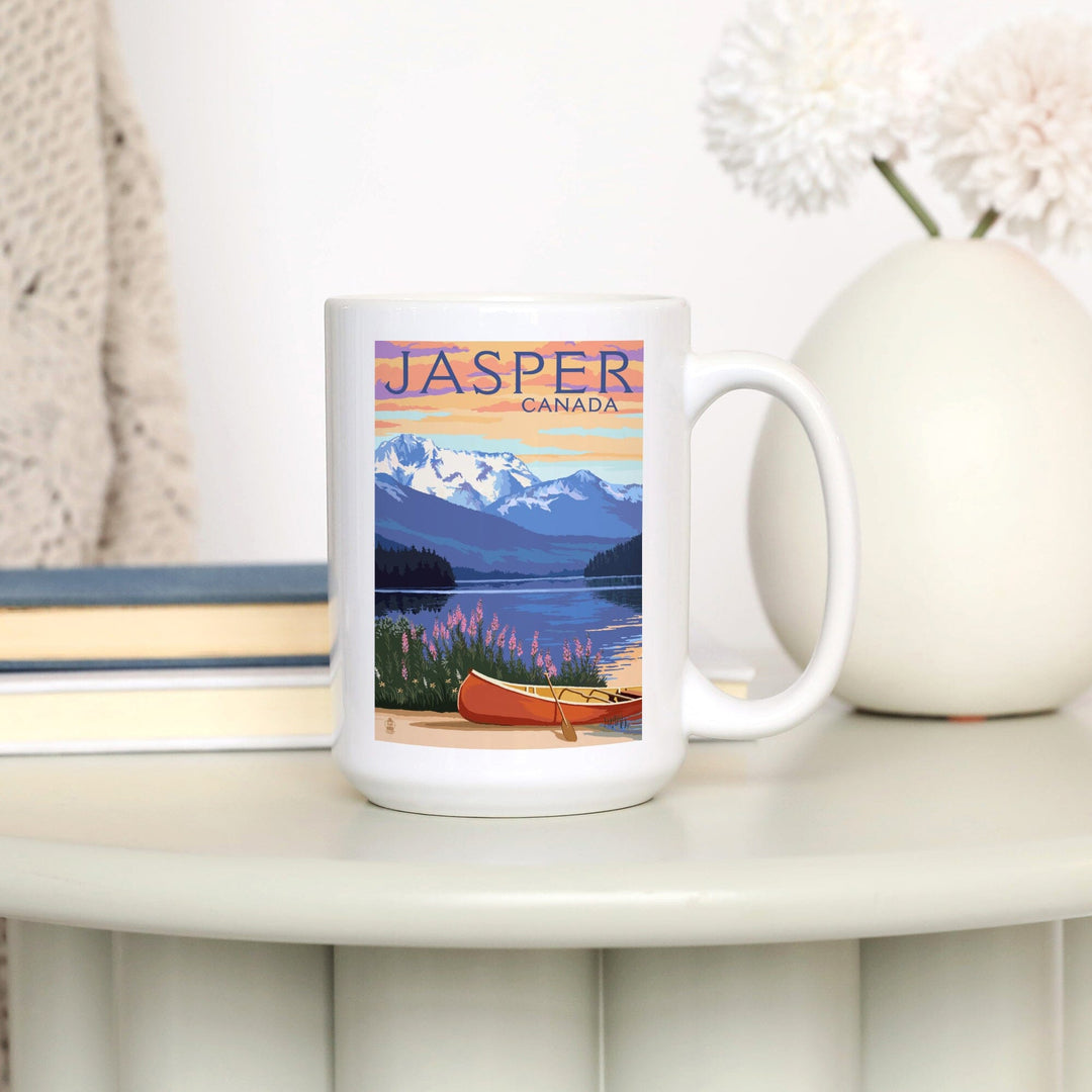 Jasper, Canada, Lake Scene & Canoe, Lantern Press Artwork, Ceramic Mug Mugs Lantern Press 