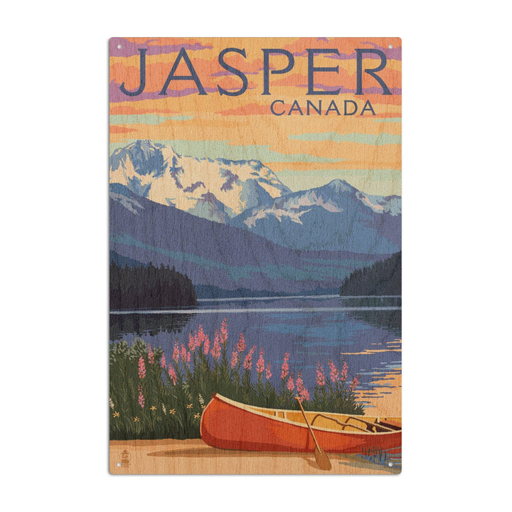 Jasper, Canada, Lake Scene & Canoe, Lantern Press Artwork, Wood Signs and Postcards Wood Lantern Press 10 x 15 Wood Sign 