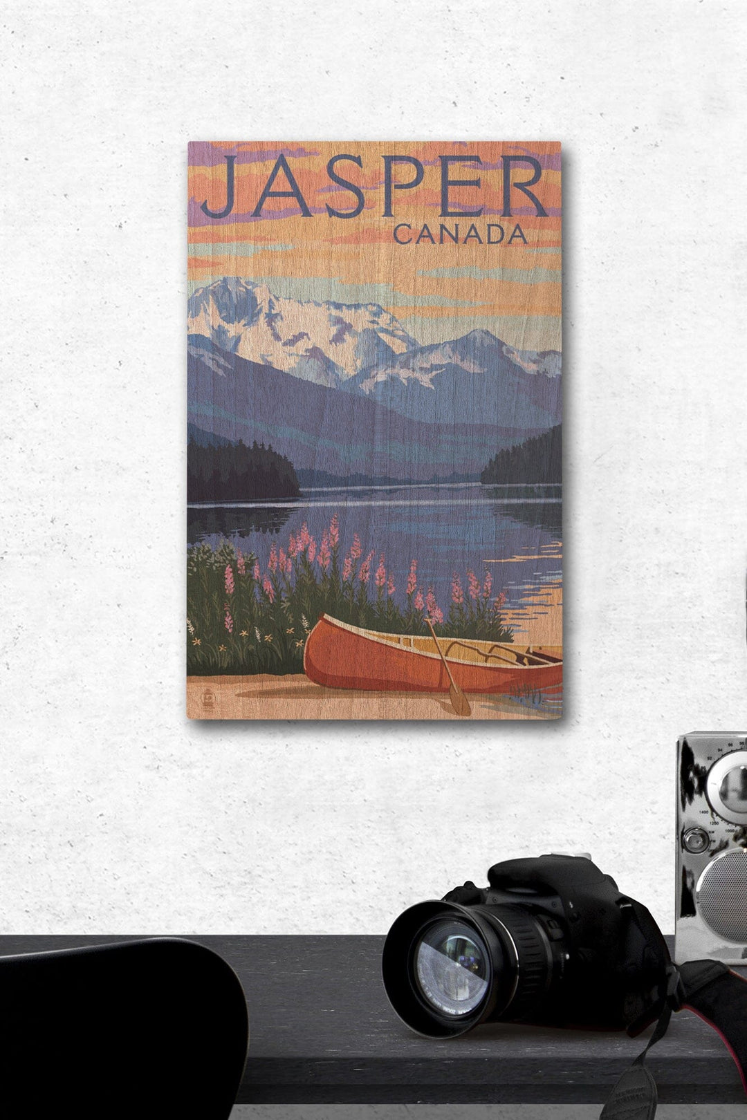 Jasper, Canada, Lake Scene & Canoe, Lantern Press Artwork, Wood Signs and Postcards Wood Lantern Press 12 x 18 Wood Gallery Print 