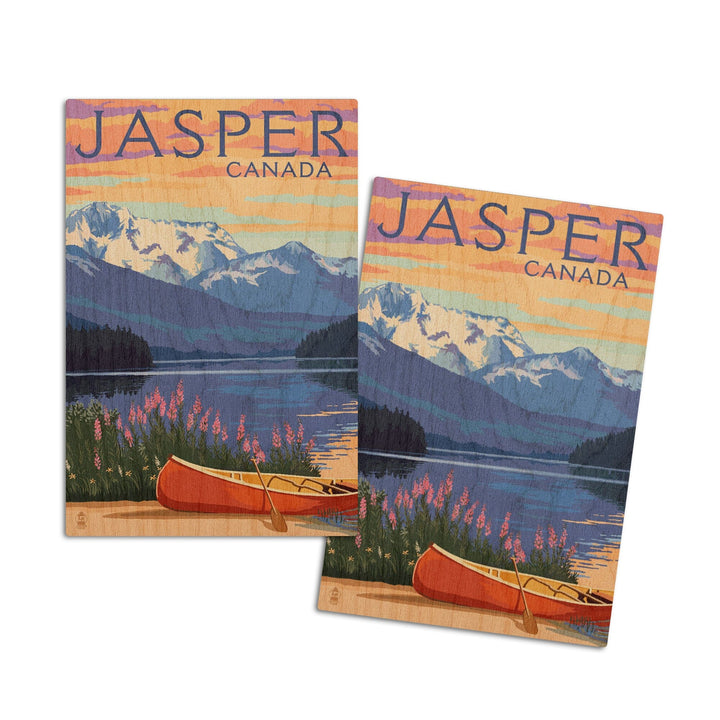 Jasper, Canada, Lake Scene & Canoe, Lantern Press Artwork, Wood Signs and Postcards Wood Lantern Press 4x6 Wood Postcard Set 