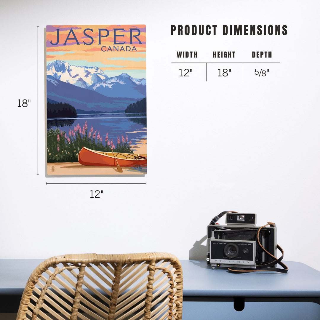 Jasper, Canada, Lake Scene & Canoe, Lantern Press Artwork, Wood Signs and Postcards Wood Lantern Press 