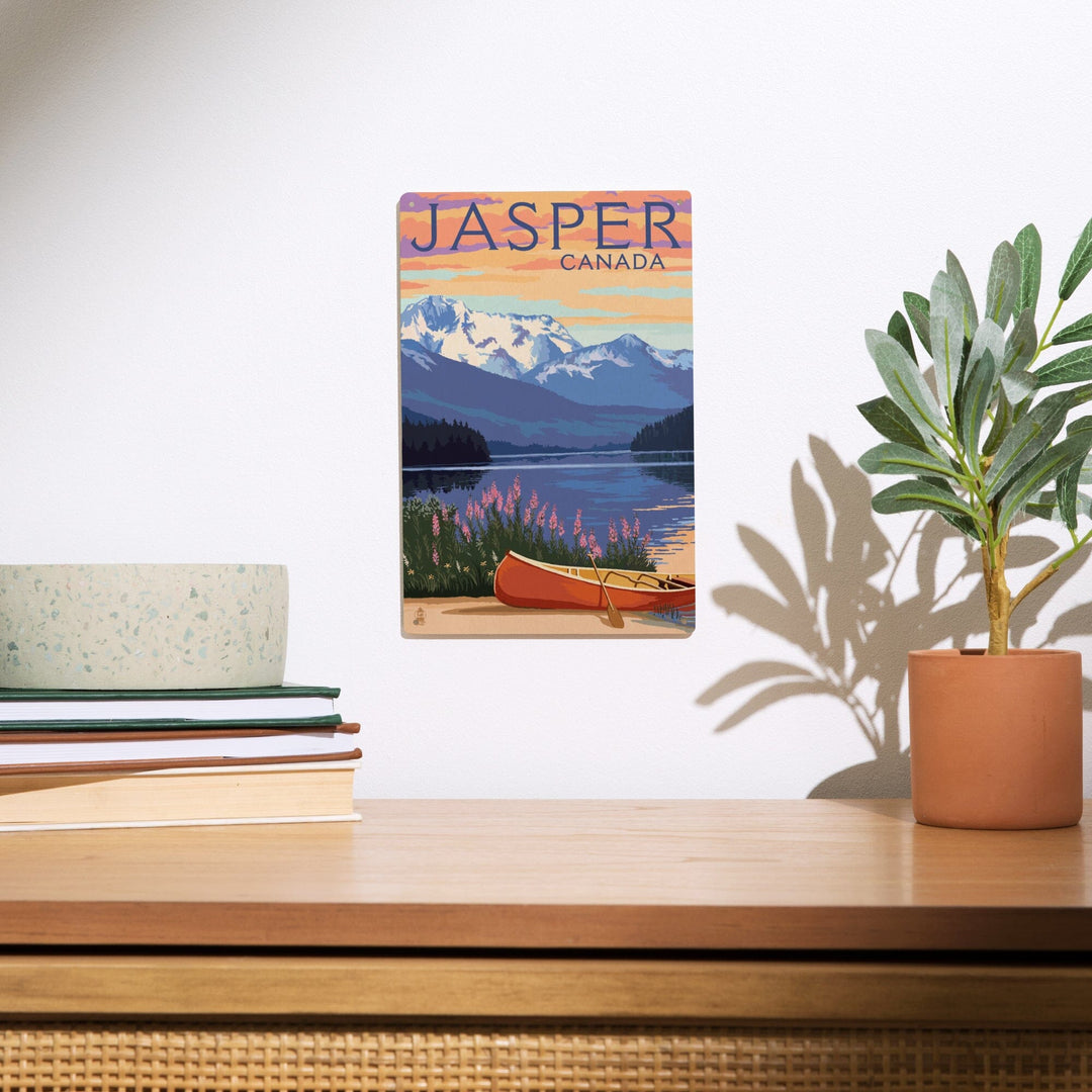 Jasper, Canada, Lake Scene & Canoe, Lantern Press Artwork, Wood Signs and Postcards Wood Lantern Press 