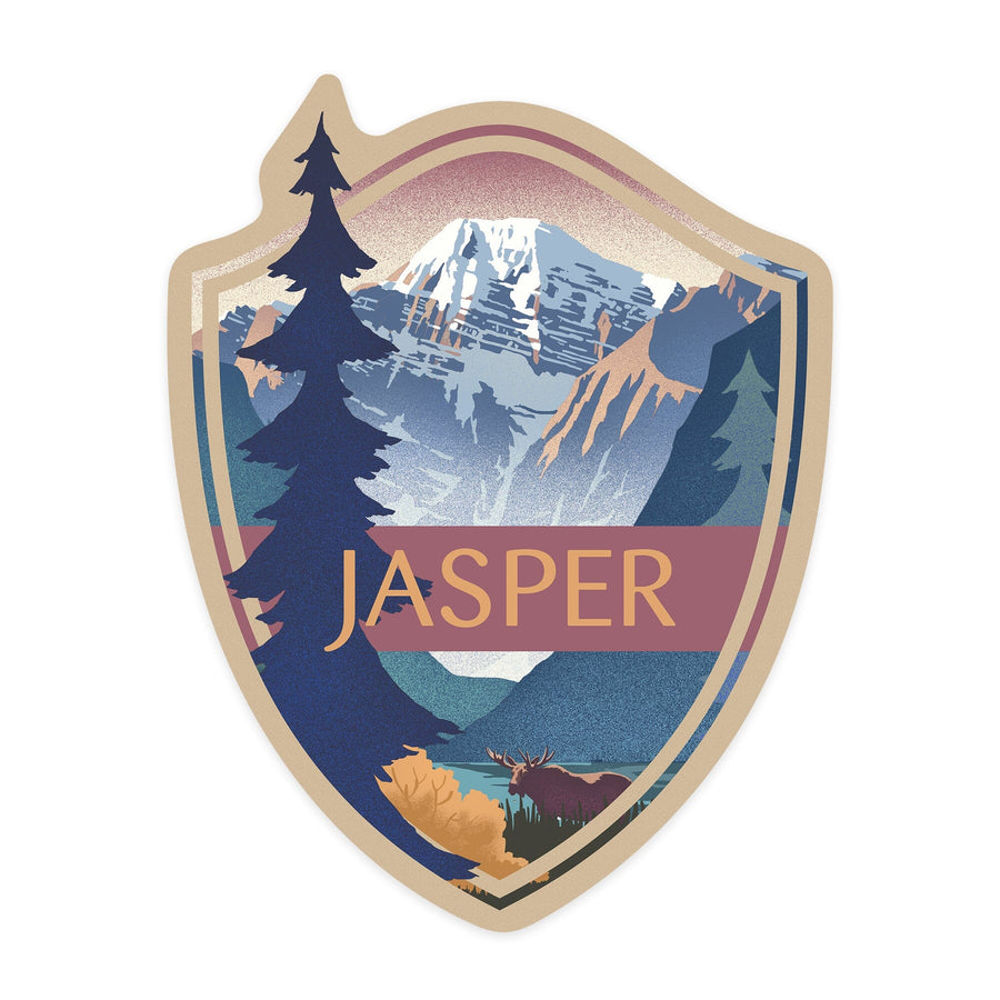 Jasper, Canada, Mountain Scene, Lithograph, Contour, Vinyl Sticker - Lantern Press