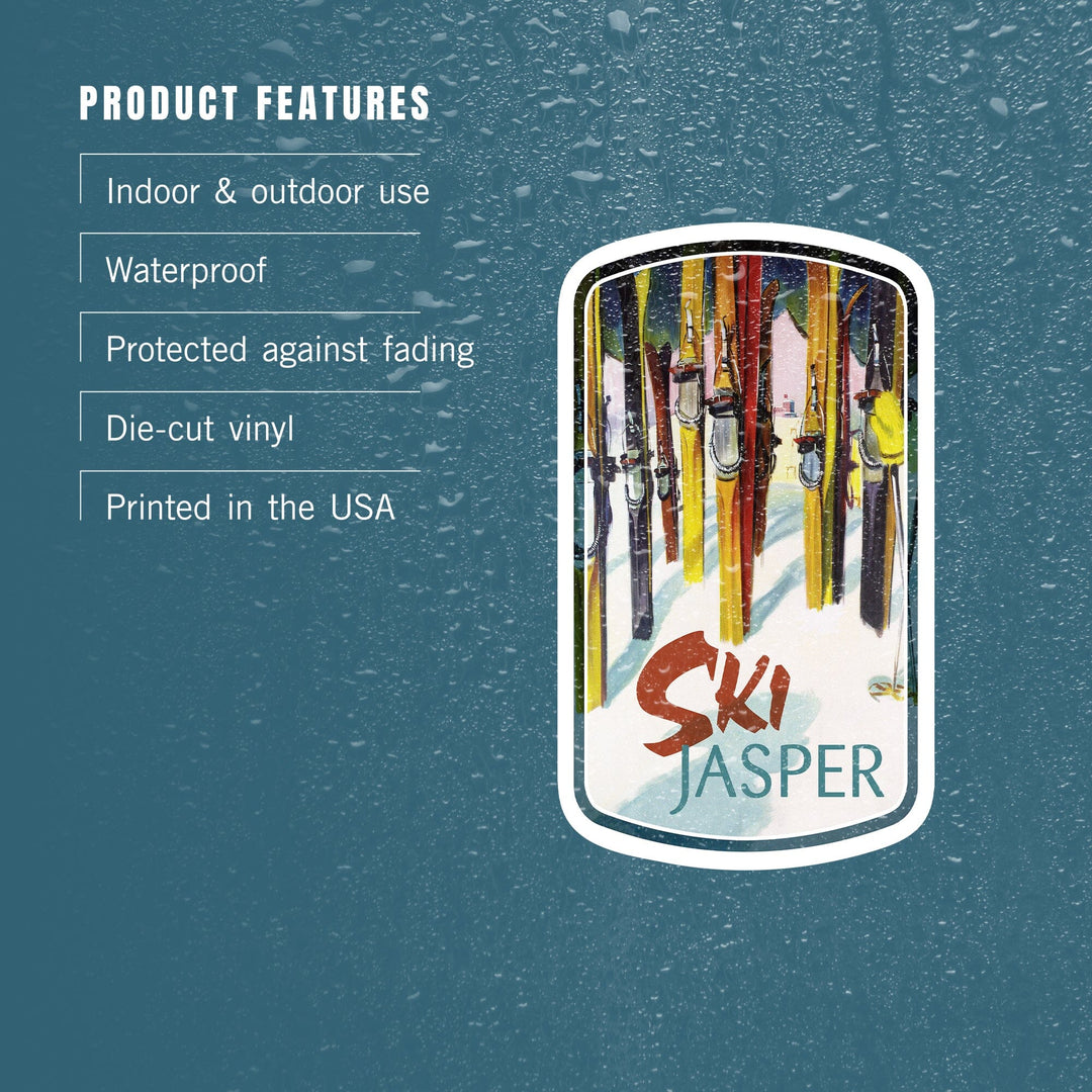 Jasper, Canada, Ski, Colorful Skis, Contour, Vinyl Sticker - Lantern Press