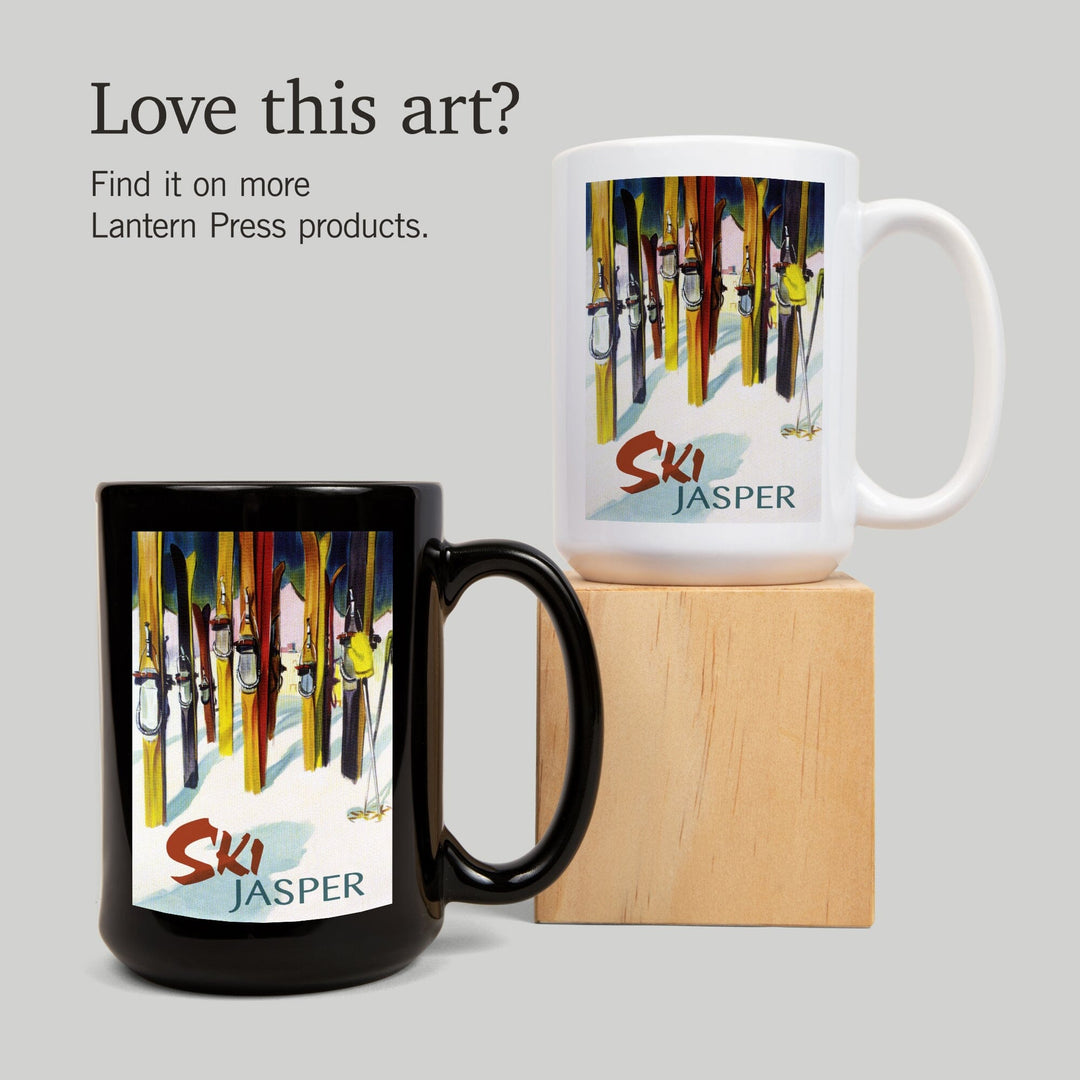 Jasper, Canada, Ski, Colorful Skis, Lantern Press Artwork, Ceramic Mug Mugs Lantern Press 
