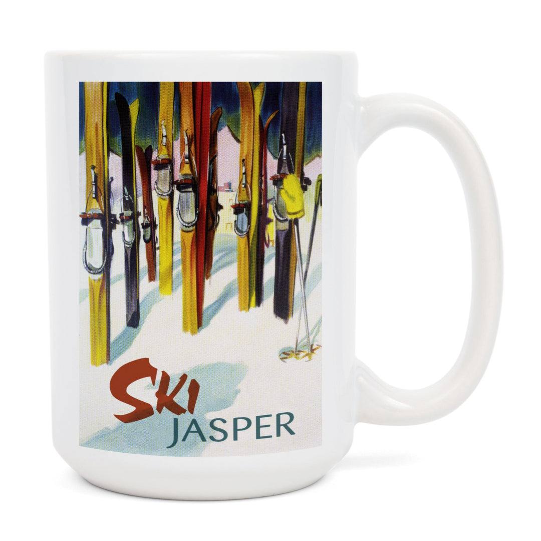Jasper, Canada, Ski, Colorful Skis, Lantern Press Artwork, Ceramic Mug Mugs Lantern Press 