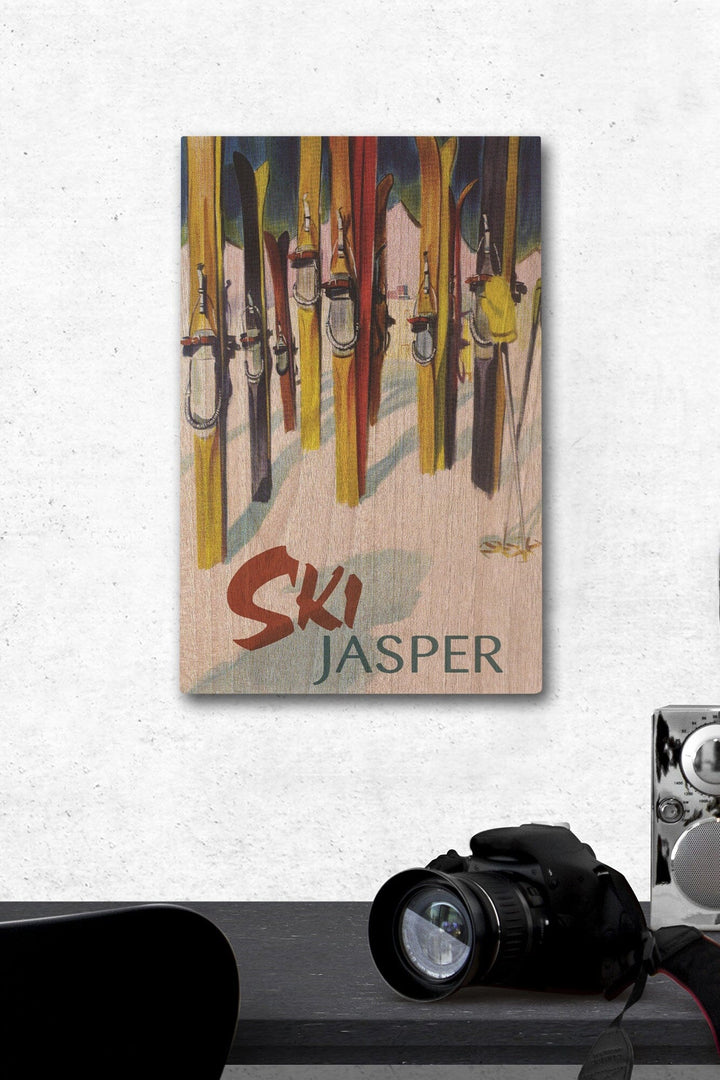 Jasper, Canada, Ski, Colorful Skis, Lantern Press Artwork, Wood Signs and Postcards Wood Lantern Press 12 x 18 Wood Gallery Print 