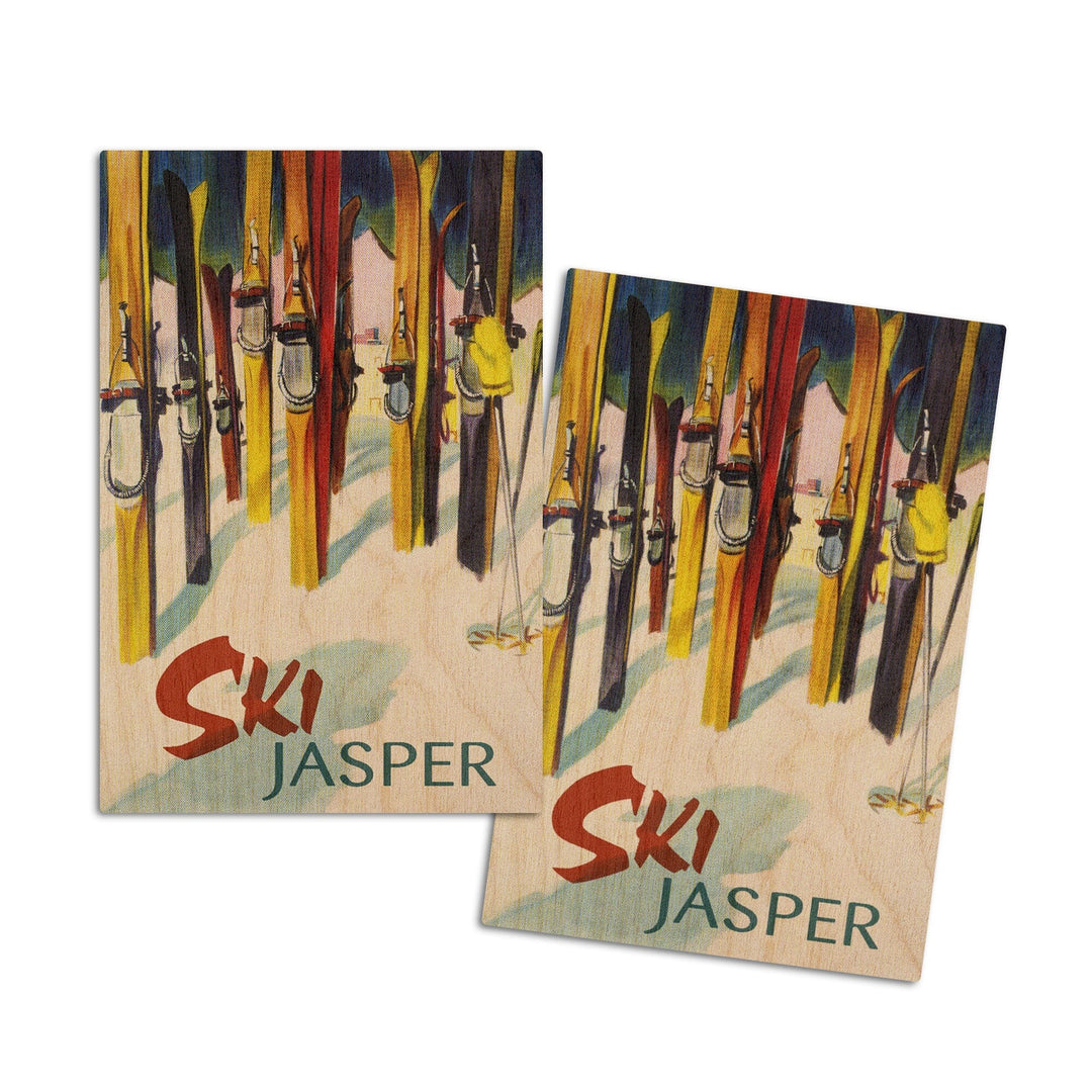 Jasper, Canada, Ski, Colorful Skis, Lantern Press Artwork, Wood Signs and Postcards Wood Lantern Press 4x6 Wood Postcard Set 