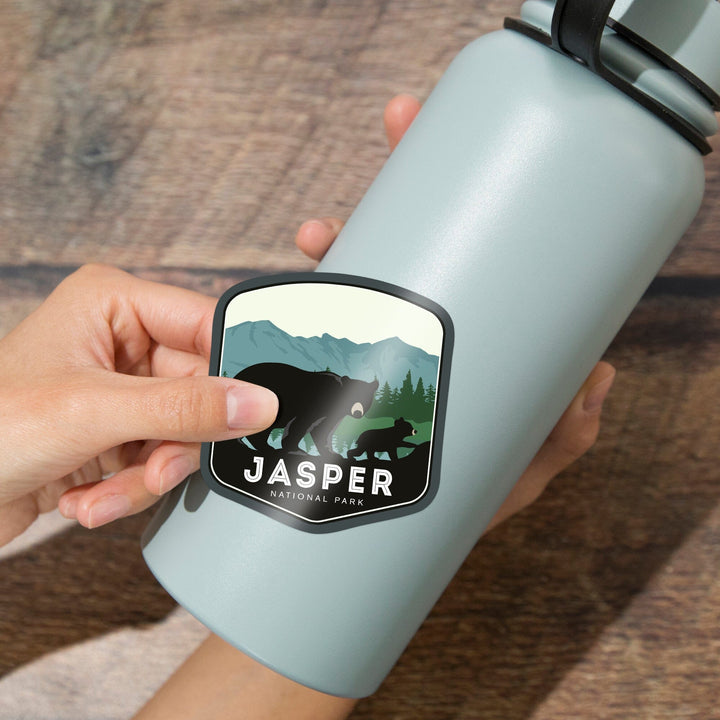 Jasper National Park, Canada, Black Bear & Cub, Contour, Lantern Press Artwork, Vinyl Sticker - Lantern Press