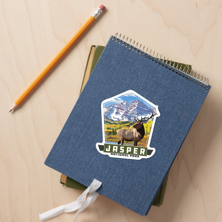Jasper National Park, Canada, Elk and Mountain, Contour, Vinyl Sticker - Lantern Press
