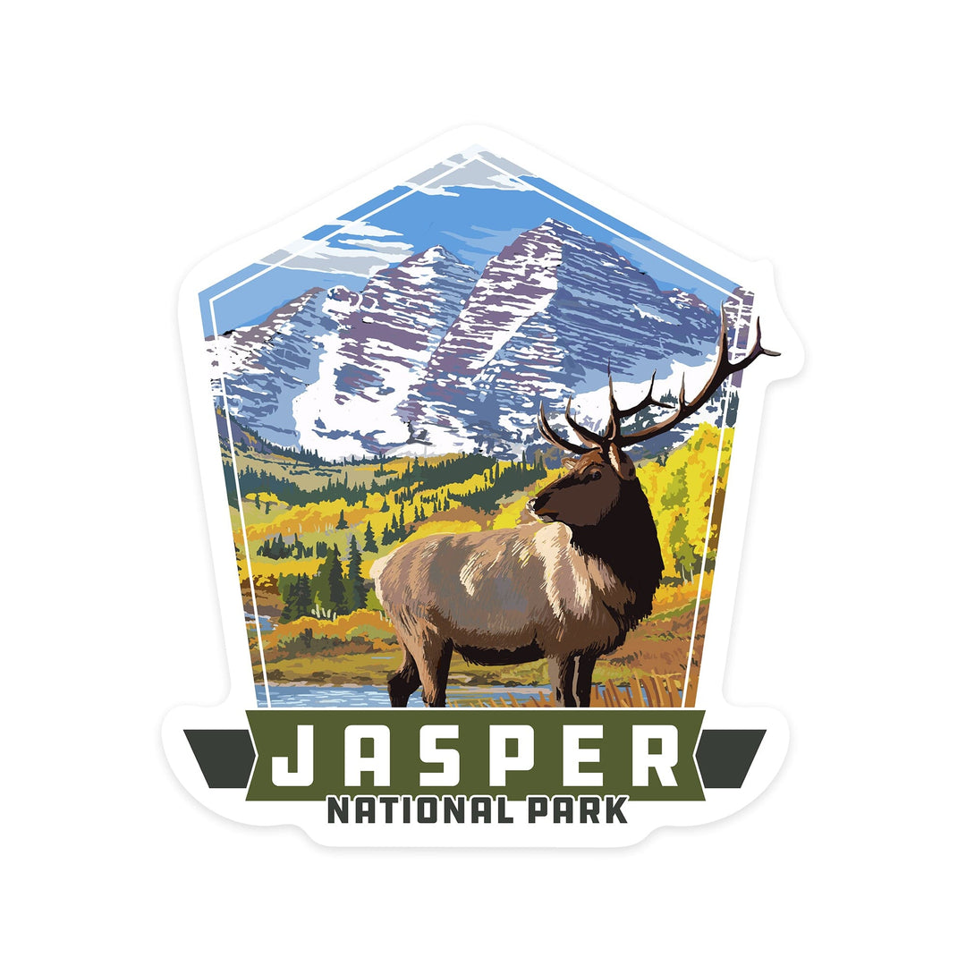 Jasper National Park, Canada, Elk and Mountain, Contour, Vinyl Sticker - Lantern Press