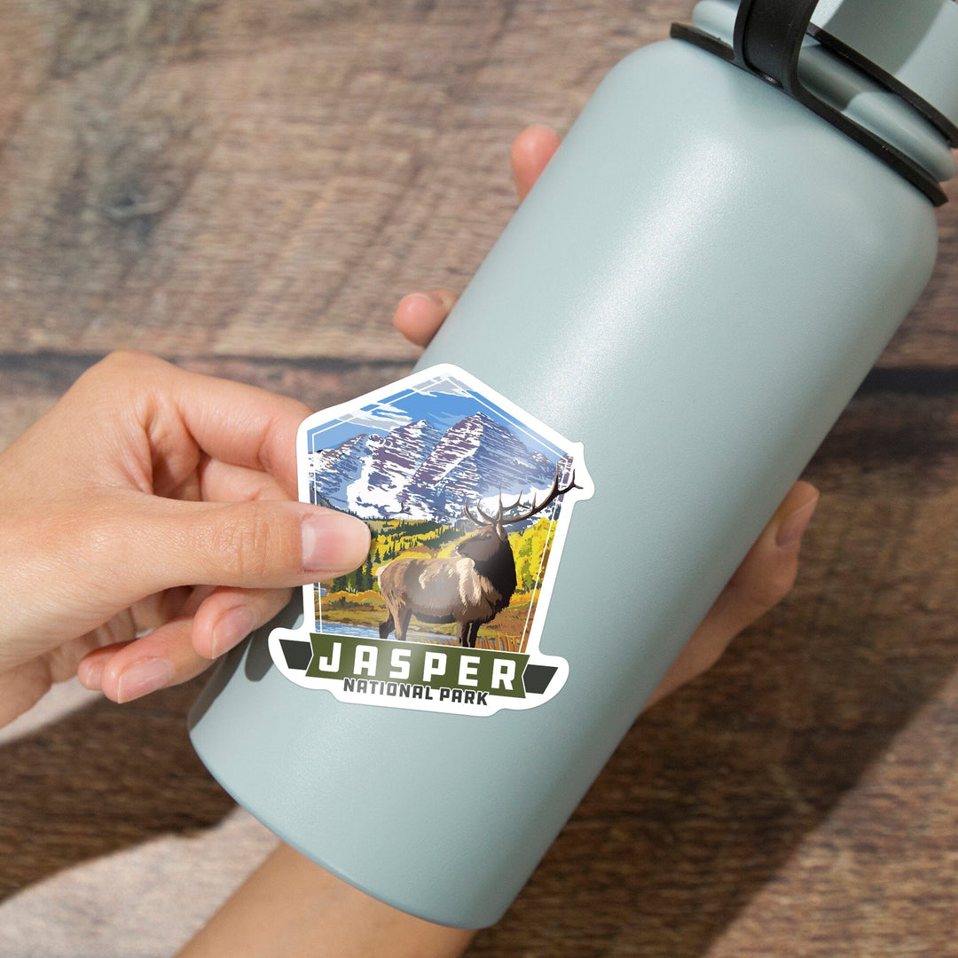 Jasper National Park, Canada, Elk and Mountain, Contour, Vinyl Sticker - Lantern Press