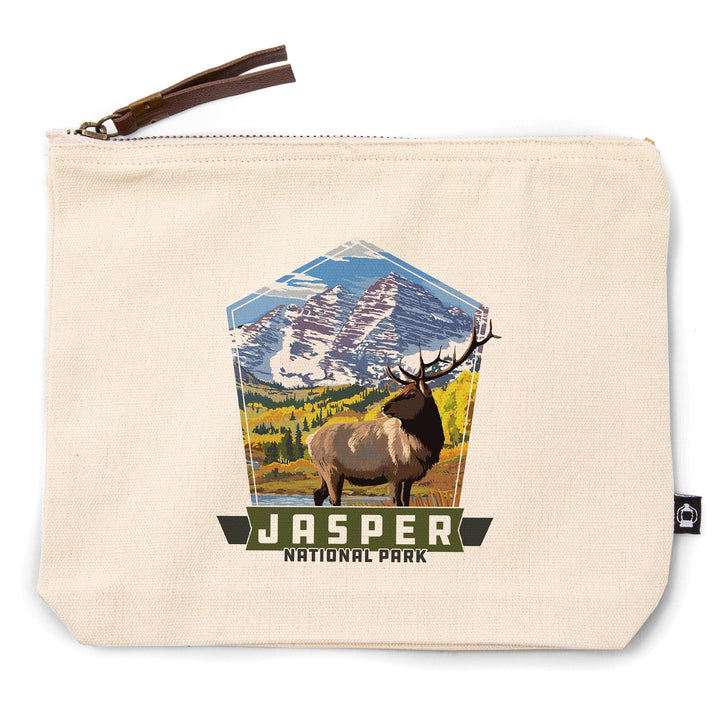 Jasper National Park, Canada, Elk and Mountain,, Organic Cotton Zipper Pouch, Go Bag Go Bag Lantern Press 
