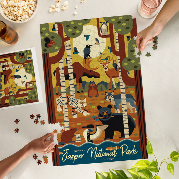Jasper National Park, Canada, Forest Animals, Geometric, Jigsaw Puzzle Puzzle Lantern Press 