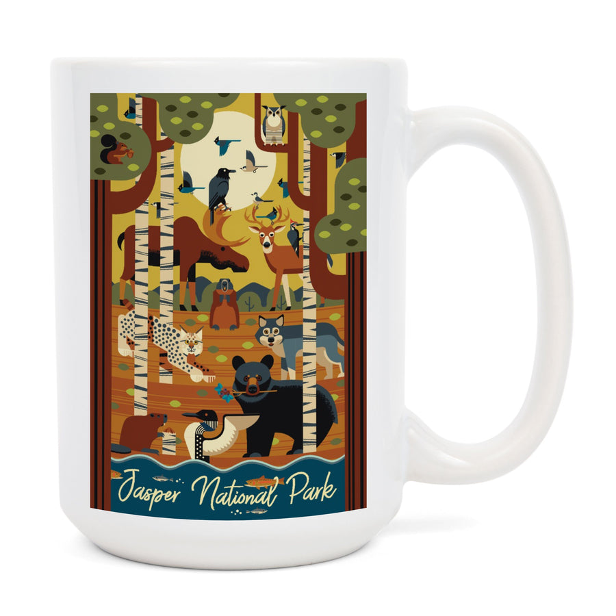 Jasper National Park, Canada, Forest Animals, Geometric, Lantern Press Artwork, Ceramic Mug Mugs Lantern Press 