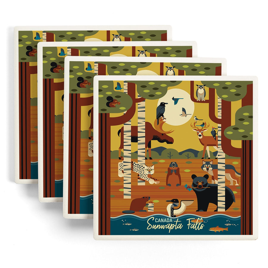 Jasper National Park, Canada, Forest Animals, Geometric, Lantern Press Artwork, Coaster Set - Lantern Press