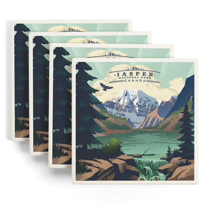 Jasper National Park, Canada, Lake, Lithograph, Coasters Coasters Lantern Press 