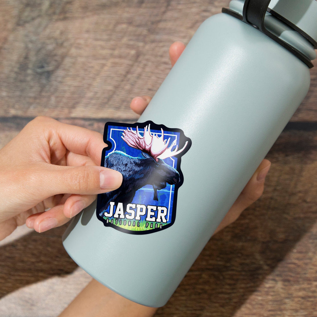 Jasper National Park, Canada, Moose at Night, Contour, Vinyl Sticker - Lantern Press