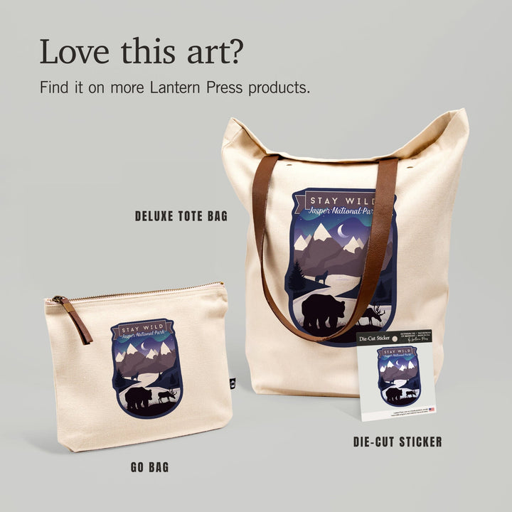 Jasper National Park, Canada, Northern Lights, Night Scene, Stay Wild, Bear and Mountain Silhouette, Organic Cotton Zipper Pouch, Go Bag Go Bag Lantern Press 