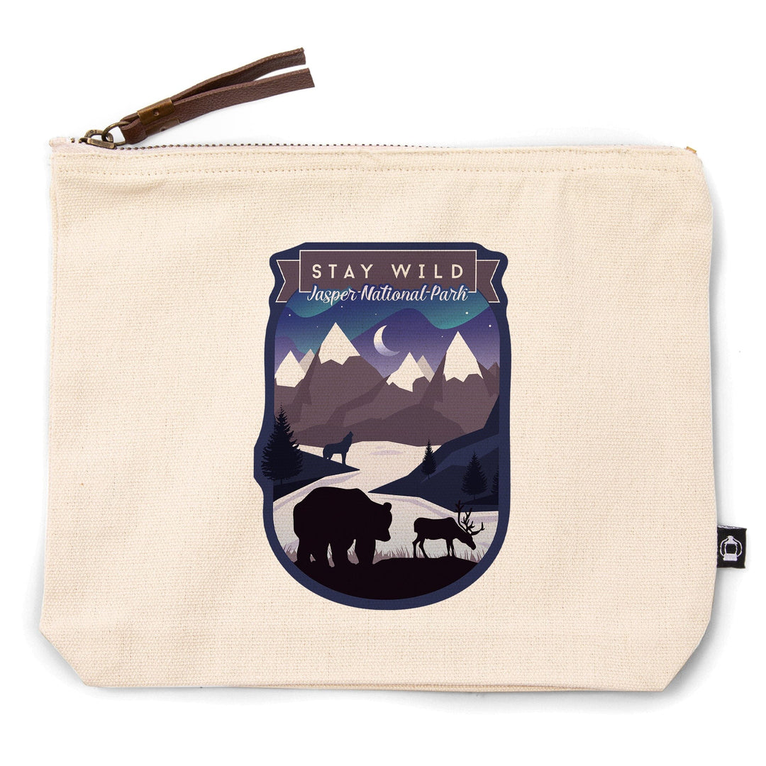 Jasper National Park, Canada, Northern Lights, Night Scene, Stay Wild, Bear and Mountain Silhouette, Organic Cotton Zipper Pouch, Go Bag Go Bag Lantern Press 