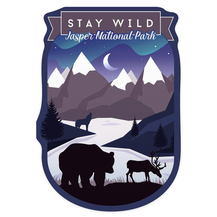 Jasper National Park, Canada, Northern Lights, Night Scene, Stay Wild, Bear & Mountain Silhouette, Contour, Lantern Press Artwork, Vinyl Sticker - Lantern Press