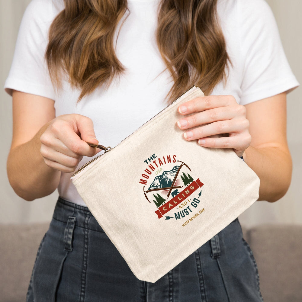 Jasper National Park, Canada, The Mountains are Calling, Bear and Mountains,, Organic Cotton Zipper Pouch, Go Bag Go Bag Lantern Press 