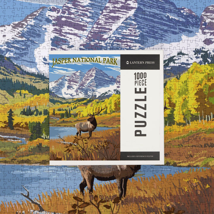 Jasper National Park, Maroon Bells and Elk, Jigsaw Puzzle Puzzle Lantern Press 
