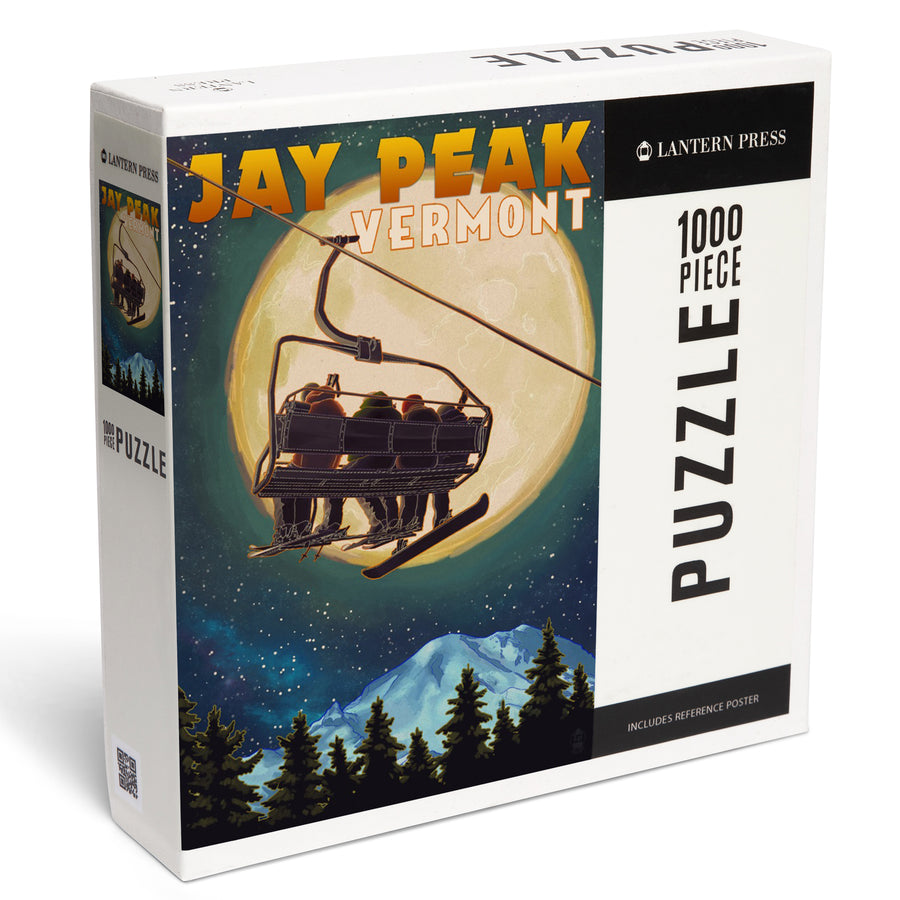 Jay Peak, Vermont, Ski Lift and Full Moon with Snowboarder, Jigsaw Puzzle Puzzle Lantern Press 