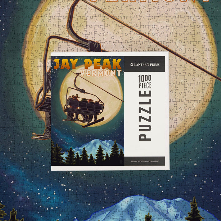 Jay Peak, Vermont, Ski Lift and Full Moon with Snowboarder, Jigsaw Puzzle Puzzle Lantern Press 