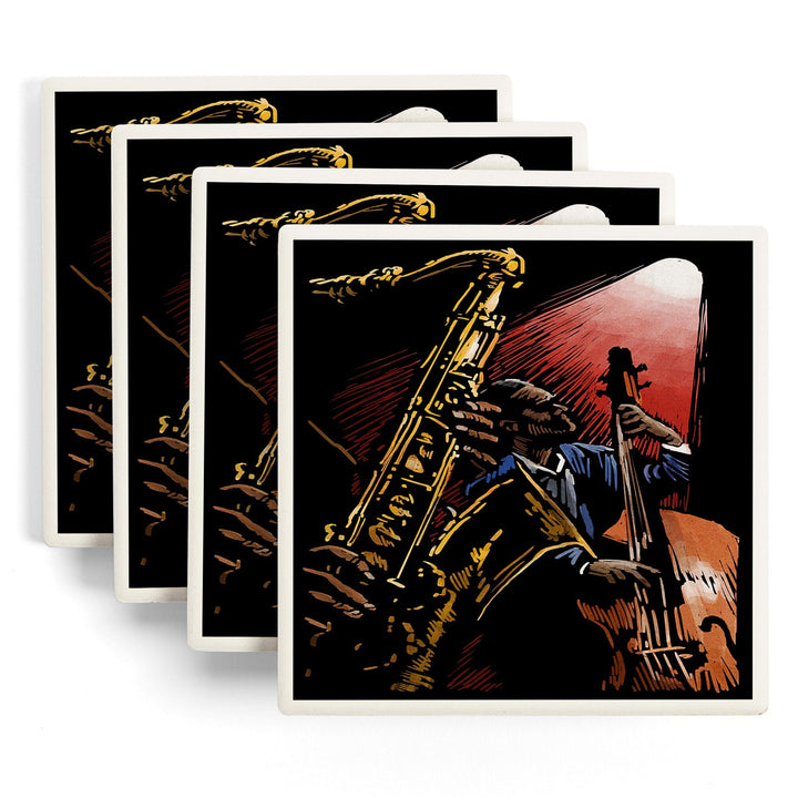 Jazz Band, Scratchboard, Lantern Press Artwork, Coaster Set - Lantern Press