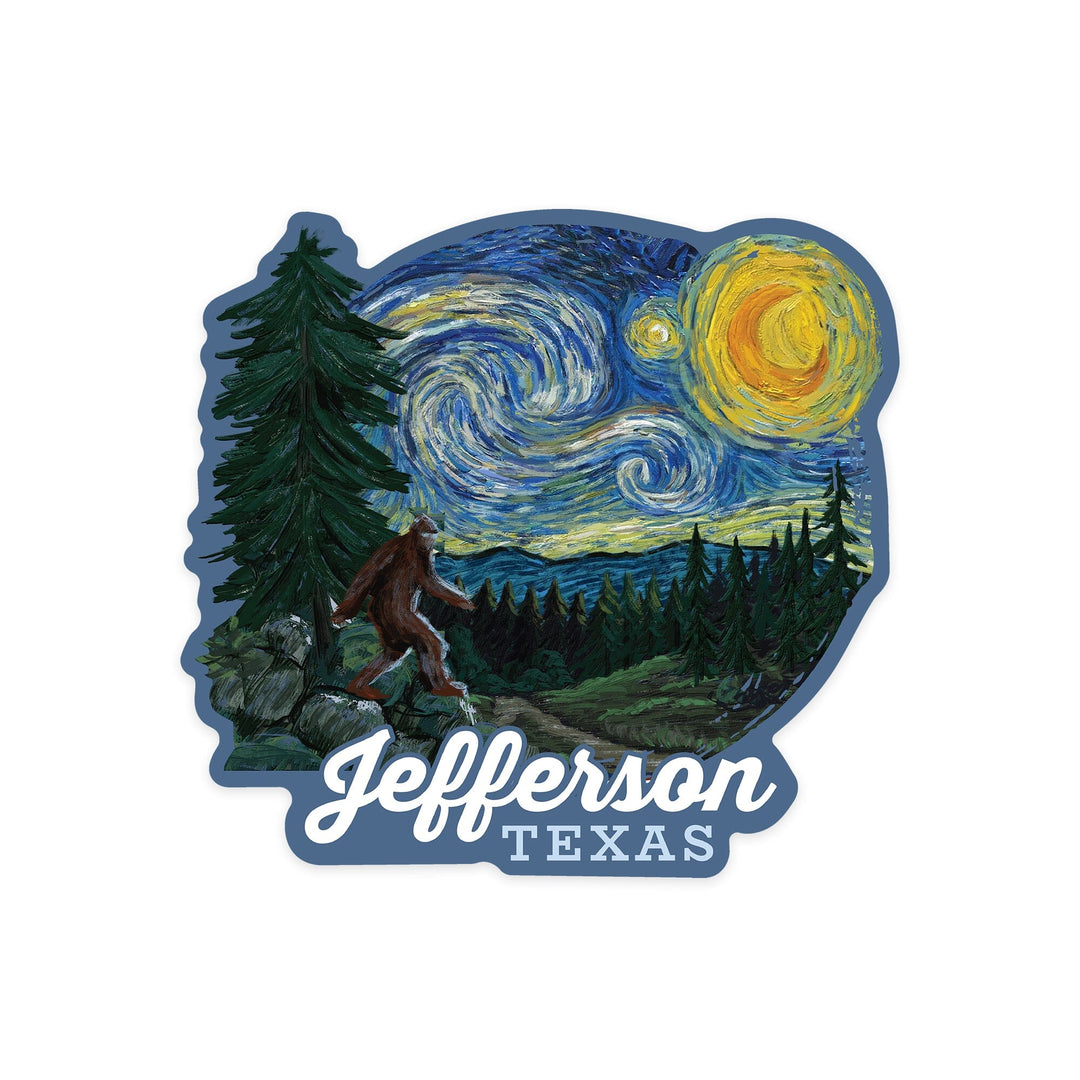 Jefferson, Texas, Bigfoot Starry Night, Contour, Lantern Press Artwork, Vinyl Sticker - Lantern Press