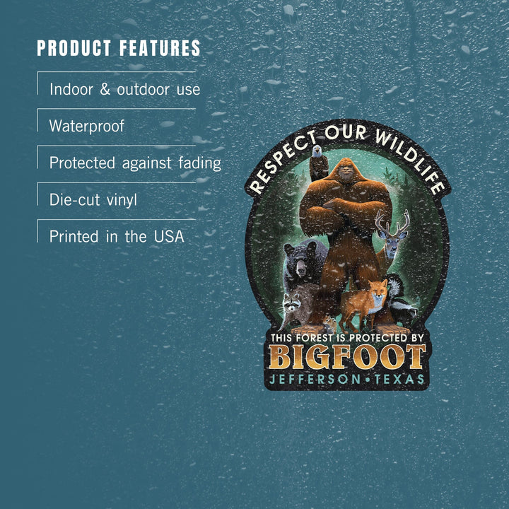 Jefferson, Texas, The Forest is Protected by Bigfoot, Contour, Vinyl Sticker - Lantern Press