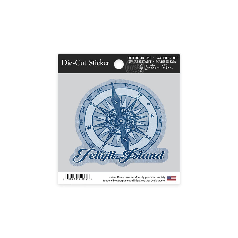 Jekyll Island, Compass, Blue, Coastal Icon, Contour, Vinyl Sticker Sticker Lantern Press 