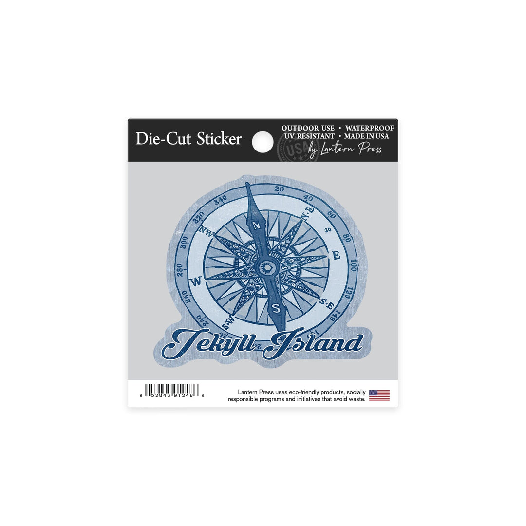 Jekyll Island, Compass, Blue, Coastal Icon, Contour, Vinyl Sticker Sticker Lantern Press 