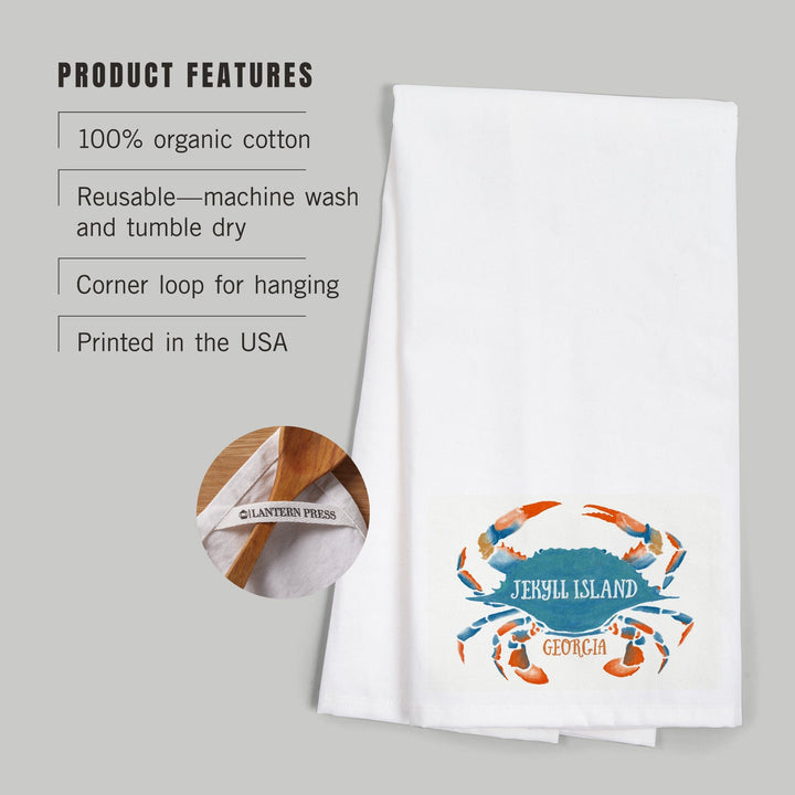 Jekyll Island, Georgia, Blue Crab, Watercolor, Contour, Organic Cotton Kitchen Tea Towels Kitchen Lantern Press 