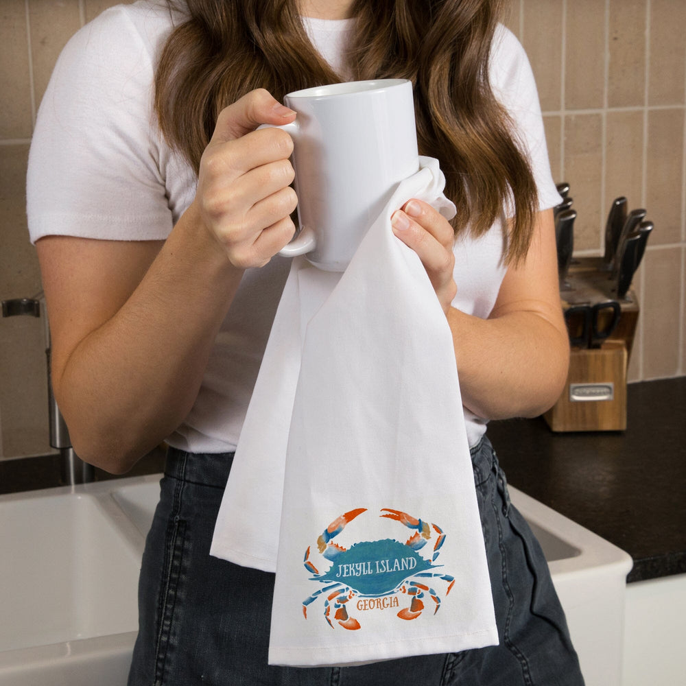 Jekyll Island, Georgia, Blue Crab, Watercolor, Contour, Organic Cotton Kitchen Tea Towels Kitchen Lantern Press 