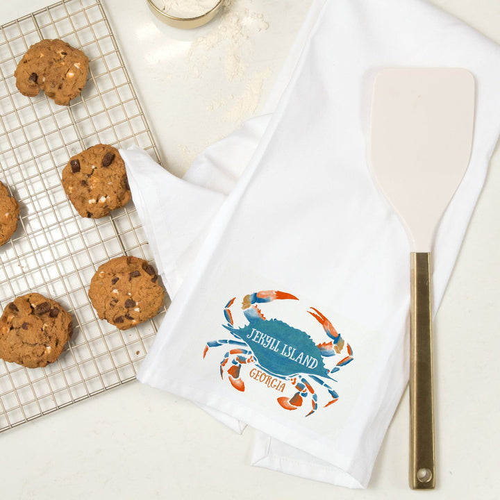 Jekyll Island, Georgia, Blue Crab, Watercolor, Contour, Organic Cotton Kitchen Tea Towels Kitchen Lantern Press 
