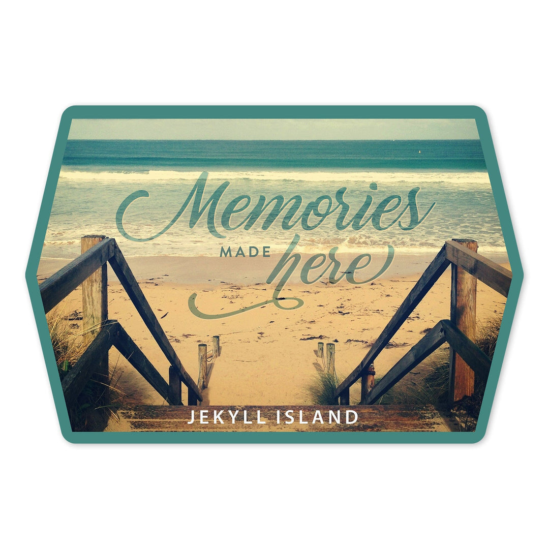 Jekyll Island, Georgia, Memories Made Here, Sandy Stairs and Beach, Contour, Vinyl Sticker - Lantern Press