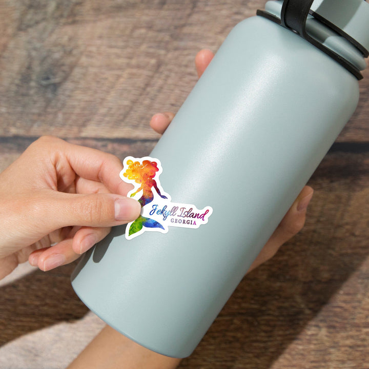 Jekyll Island, Georgia, Mermaid Silhouette, Rainbow Watercolor, Contour, Vinyl Sticker Sticker Lantern Press 