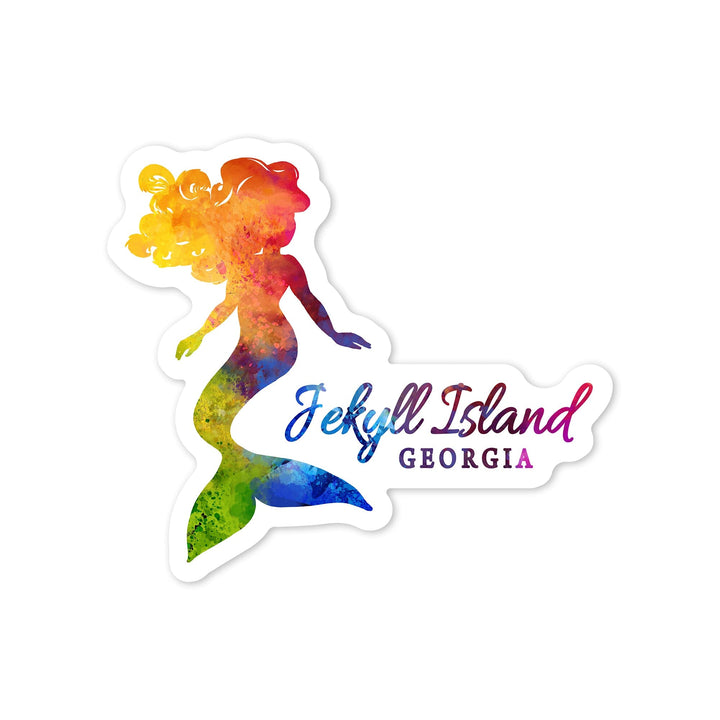 Jekyll Island, Georgia, Mermaid Silhouette, Rainbow Watercolor, Contour, Vinyl Sticker Sticker Lantern Press 