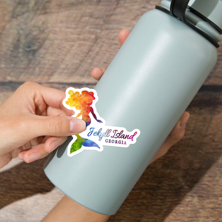 Jekyll Island, Georgia, Mermaid Silhouette, Rainbow Watercolor, Contour, Vinyl Sticker Sticker Lantern Press 