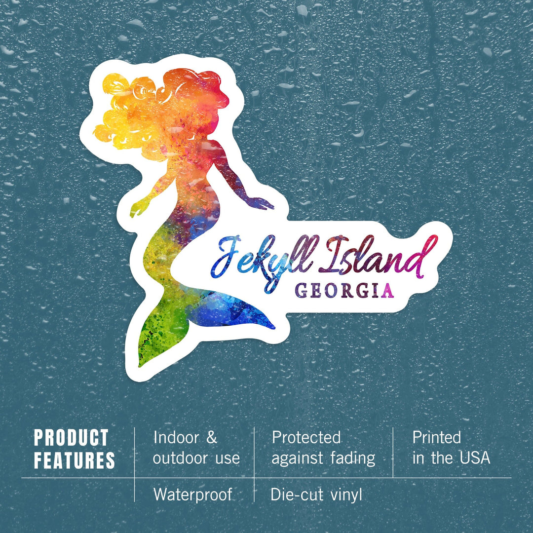 Jekyll Island, Georgia, Mermaid Silhouette, Rainbow Watercolor, Contour, Vinyl Sticker Sticker Lantern Press 