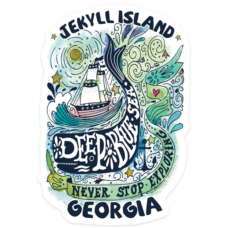 Jekyll Island, Georgia, Watercolor Whale, Deep Blue Sea, Nautical Art, Contour, Vinyl Sticker Sticker Lantern Press 