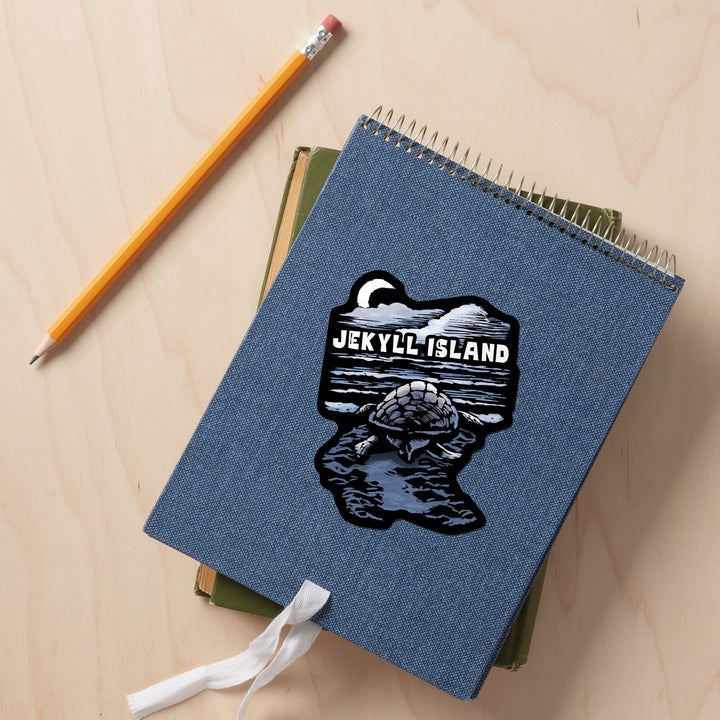 Jekyll Island, Sea Turtle on Beach, Scratchboard, Contour, Vinyl Sticker Sticker Lantern Press 