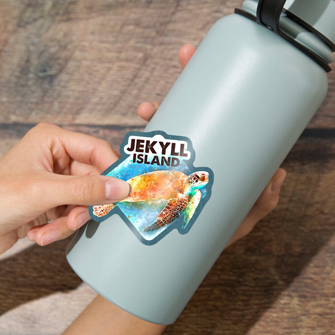 Jekyll Island, Sea Turtle, Watercolor, Contour, Lantern Press Artwork, Vinyl Sticker - Lantern Press