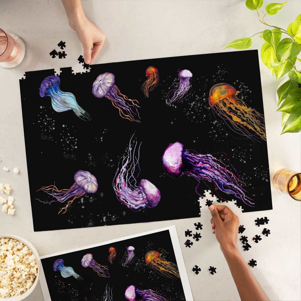 Jellyfish, Watercolor on Black, Jigsaw Puzzle Puzzle Lantern Press 