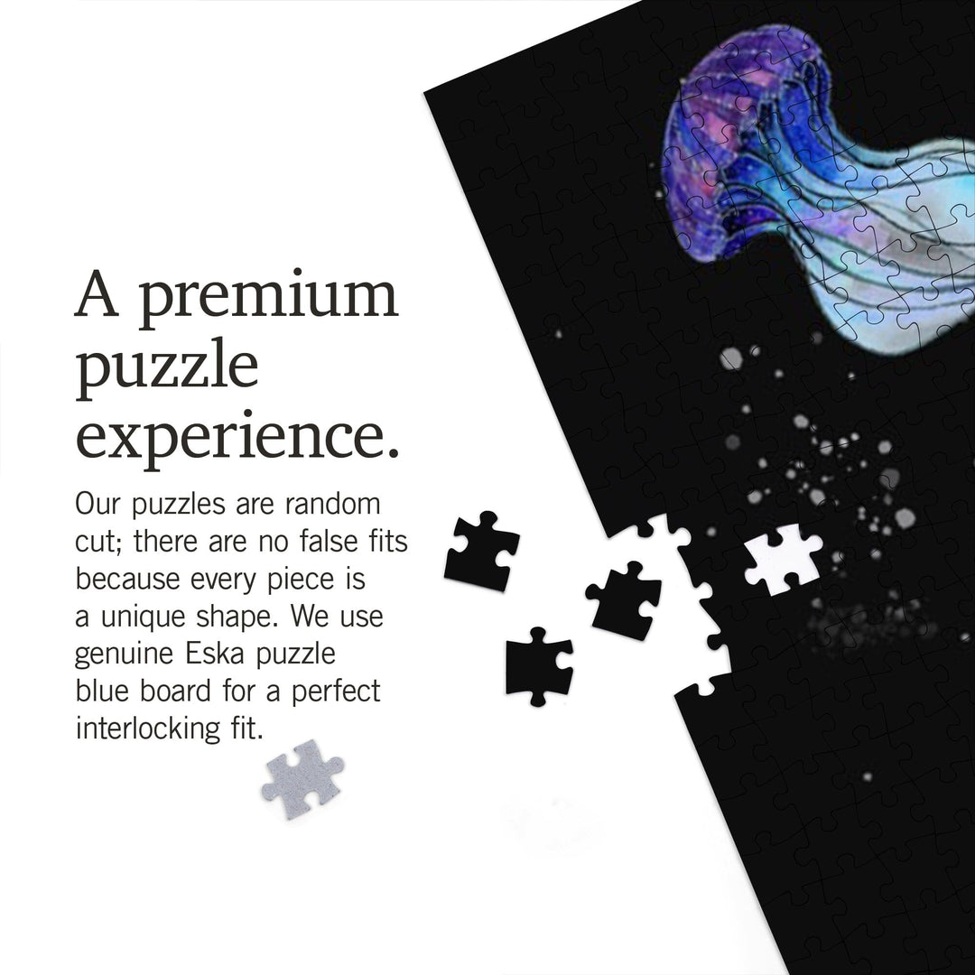 Jellyfish, Watercolor on Black, Jigsaw Puzzle Puzzle Lantern Press 